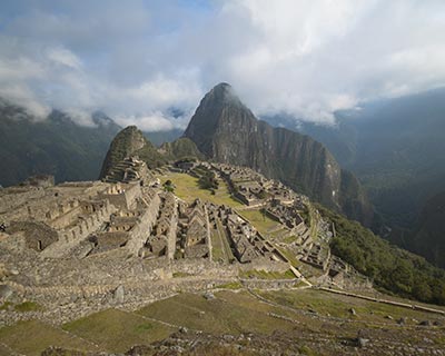 Panoramic photo of the archaeological site of Machu Pichu